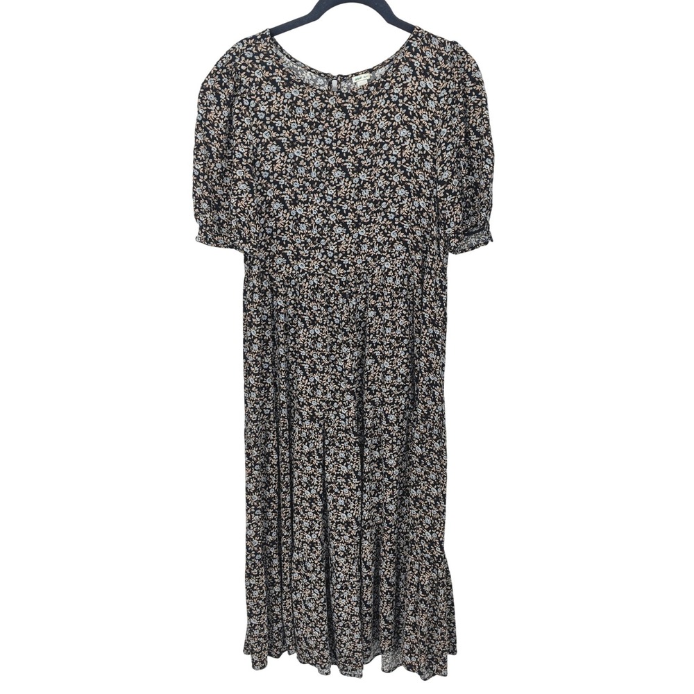 Aerie Midi Dress Womens XS Black Floral Puff Sleeve Cottagecore Milkmaid Peasant